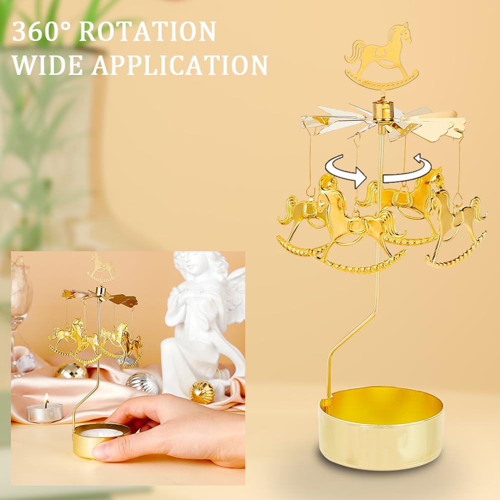 COMZPLIFE Carousel Spinning Tea Light Candle Holder, Gold Metal Rotary Candle Holder for Birthday, Wedding, Anniversary, Party, Table Decoration, Home Decor(2Pcs)