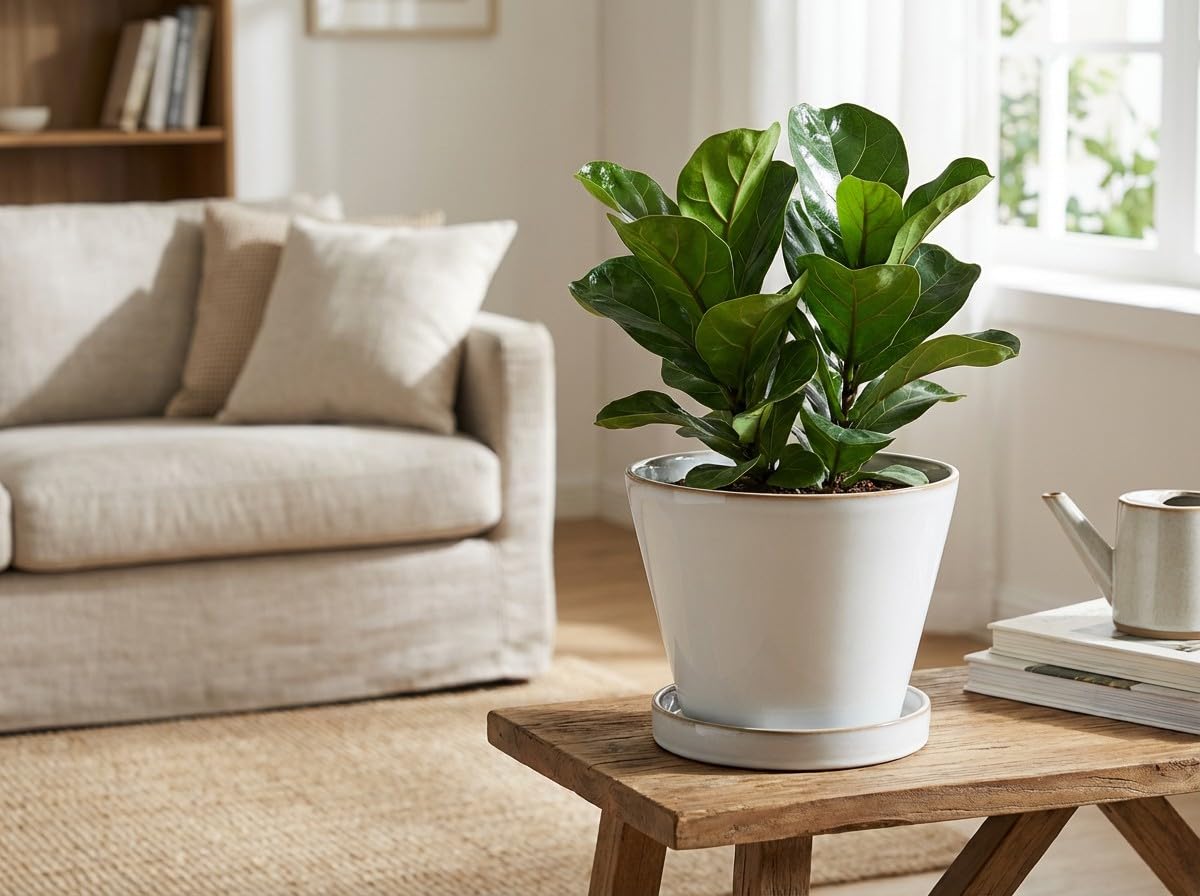 Wavy Studio Glazed Ceramic Planter with Drainage Hole & Saucer for Indoor Tropical Plants, Reactive Glaze Plant Pot (White, 6")