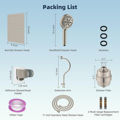 Hibbent All Metal 10'' Filtered Rainfall Shower Head Combo, High Pressure Handheld Shower Head with 12'' Adjustable Curved Extension Arm, 20 Stage Shower Filter, 10-spray, 71'' Hose, Brushed Nickel