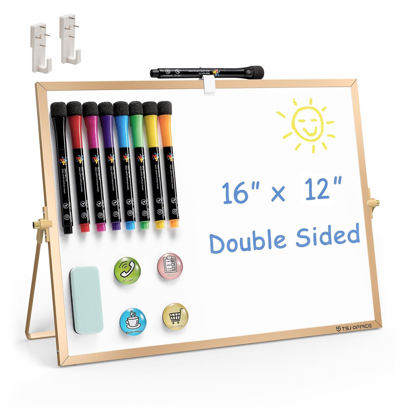 TSJ OFFICE Small White Board - 12 X 16 Inches Small Magnetic Dry Erase Board with Hooks for Wall, Desktop Whiteboard Stand 360 Degrees Revolving Double Sided for Office, Home, School, Gold