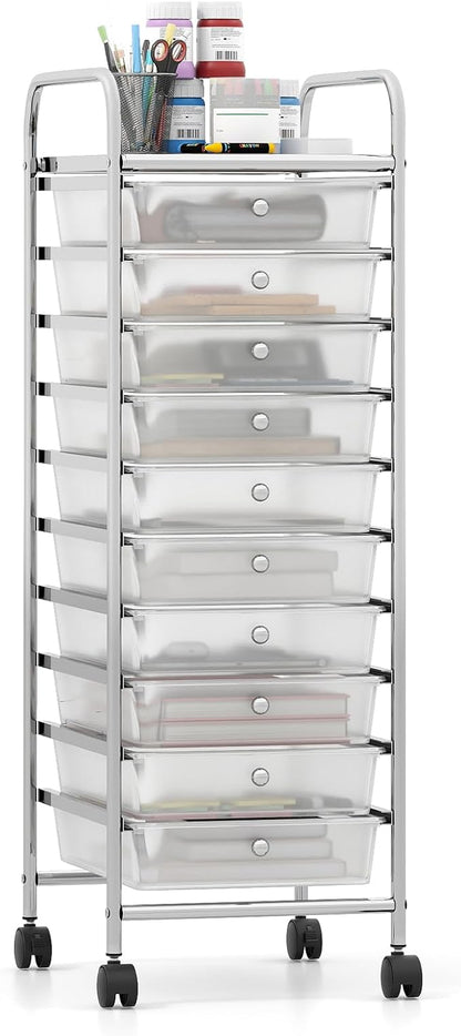 Giantex Rolling Storage Cart with 10 Drawers, Utility Cart with Tabletop, Drawer Organizer with Wheels for Craft Art Paper Tool, Mobile Organization & Sorting for Office Home School School Supplies