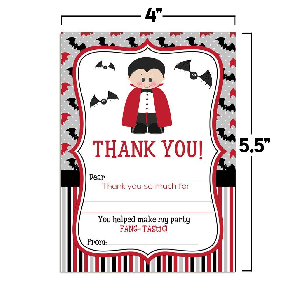 Dracula Fang-tastic Halloween Vampire Birthday Thank You Notes for Kids, Ten 4" x 5.5" Fill In The Blank Cards with 10 White Envelopes by AmandaCreation