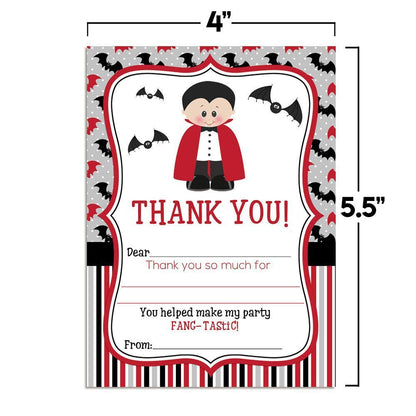 Dracula Fang-tastic Halloween Vampire Birthday Thank You Notes for Kids, Ten 4" x 5.5" Fill In The Blank Cards with 10 White Envelopes by AmandaCreation