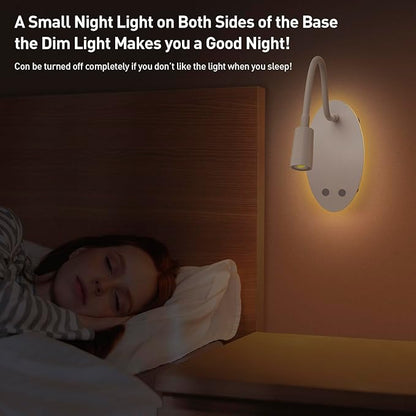 Rechargeable Cordless Reading Light, 360° Adjustable Bedside Lamp, 3 Color Stepless Dimming Night Light, 40H Runtime with Eye-Care, Memory Function, USB Output, Wall-Mounted & Detachable(1pc)