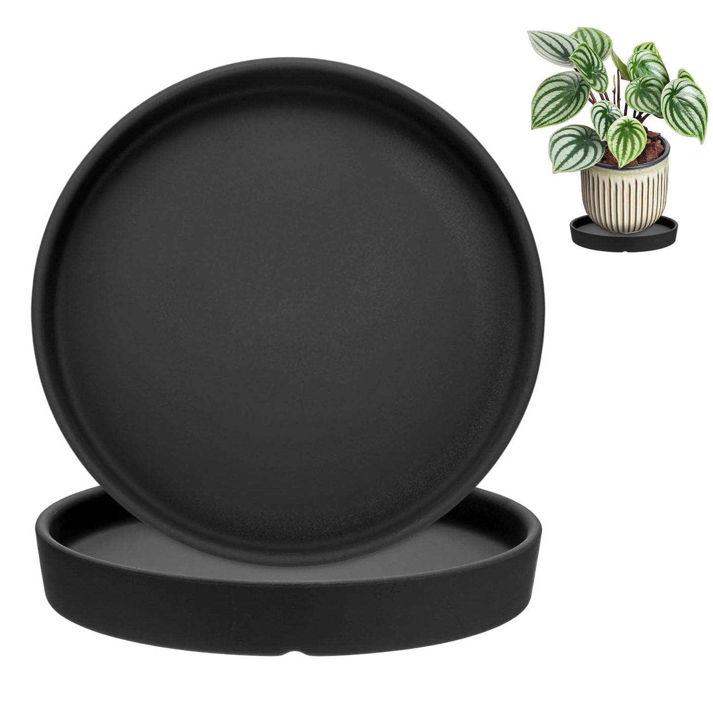 M METERXITY 2-Pack Plant Saucers, 6.3 Inch ID Anti-Rot Root Ceramic Flower Pot Plant Saucers for Indoor/Outdoor, Round Flowerpot Drip Tray [6.9 Inch OD, Black]