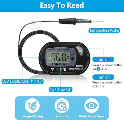 DaToo Aquarium Thermometer with Large LCD Display Fahrenheit/Celsius(℉/℃) Fish Tank Thermometer for Aquarium Reptile Terrarium Digital Water Thermometer with Suction Cup(6 Pack)