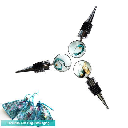 Lockban Wine Bottle Stoppers, Set of 3 Stainless Steel Wine Stoppers with Decorative Art Glass, Wine and Beverage Bottle Corks for Gifts, Bar, Wedding, Holiday Party (Green)