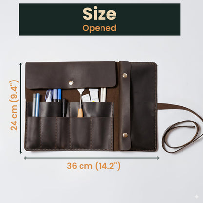 OMBUO Handmade Artist Pencil Case, Leather Artist Roll, Pencil Roll Case, Leather Pencil Case, Artist Gifts (Brown)