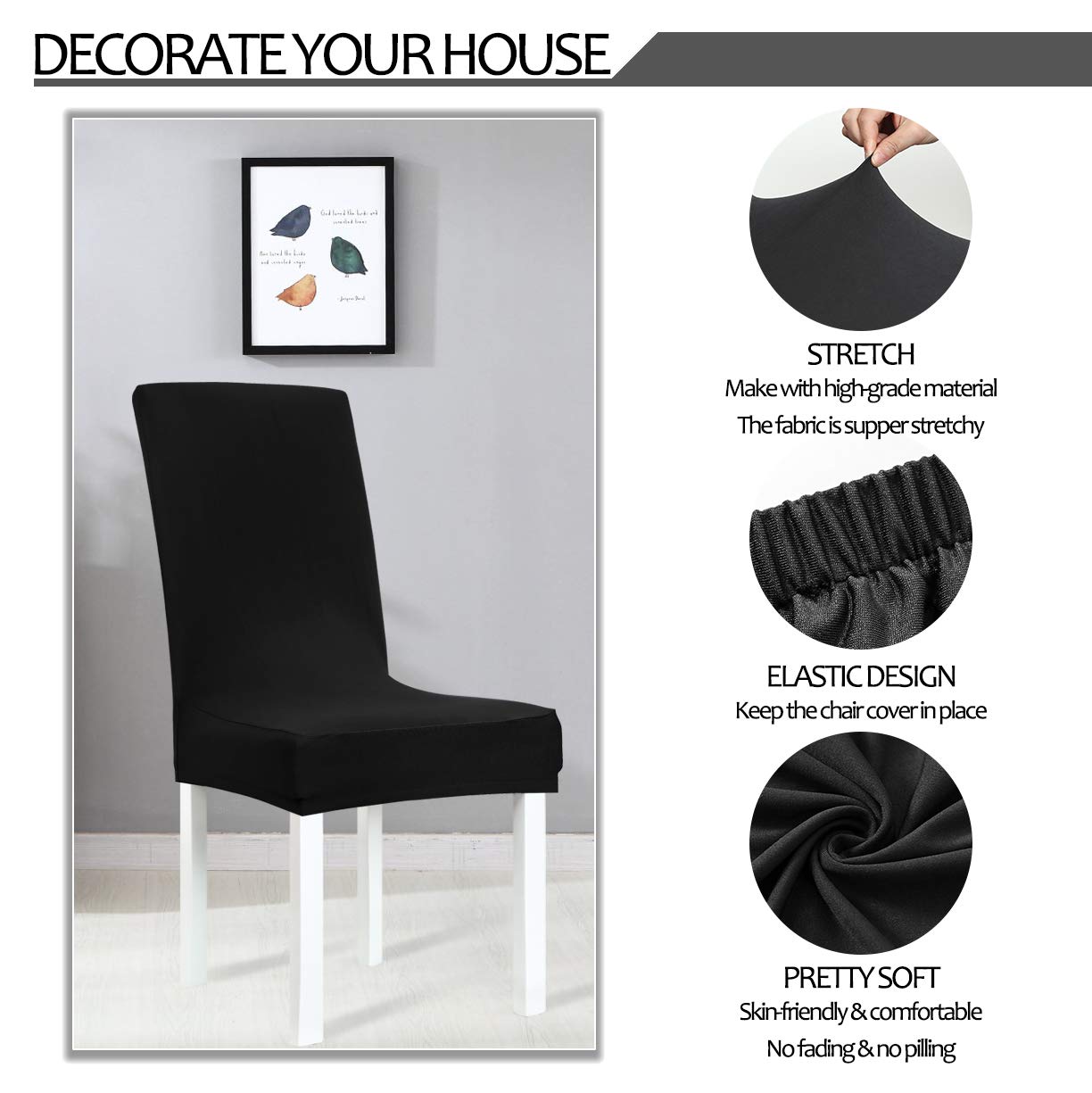 Obstal Black Stretch Spandex Dining Room Chair Covers ?Set of 4 Universal Removable Washable Chair Seat Slipcovers Protector for Kitchen, Ceremony, Wedding, Banquet, Hotel and Party