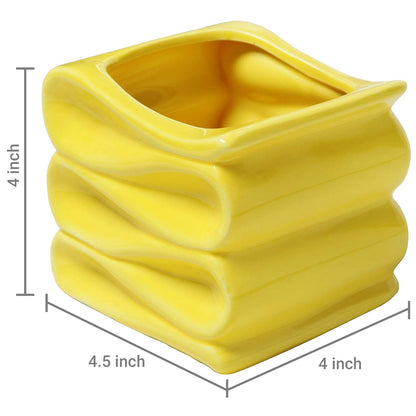 MyGift 4-Inch Yellow Ceramic Mini Succulent Plant Pot, Modern Decorative Planters with Candy Ribbon Design, Set of 2
