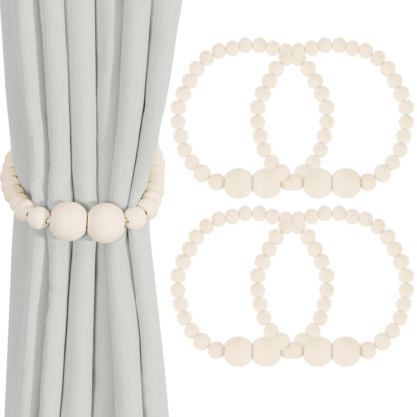 KLOGTSIND Magnetic Curtain Tiebacks, 4 Pack Curtain Holdbacks for Draperies, Wood Bead Curtain Tiebacks, Elegant Curtain Tie Backs for Bedroom Decor, Boho Room Decor, Nursery Decor, Farmhouse Decor