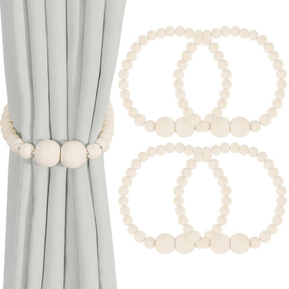 KLOGTSIND Magnetic Curtain Tiebacks, 4 Pack Curtain Holdbacks for Draperies, Wood Bead Curtain Tiebacks, Elegant Curtain Tie Backs for Bedroom Decor, Boho Room Decor, Nursery Decor, Farmhouse Decor