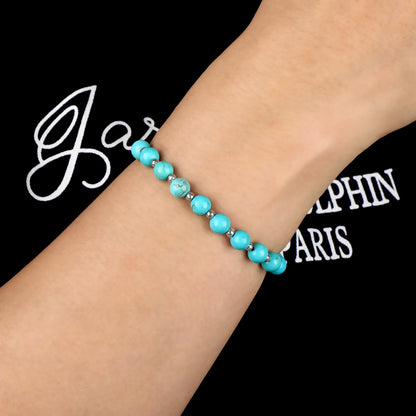 QOGIR Blue Turquoise - Stone of Wisdom - Stainless Silver Beads Natural Gemstone Stretch Elastic Dainty Healing Beaded Bracelets Gifts 6mm