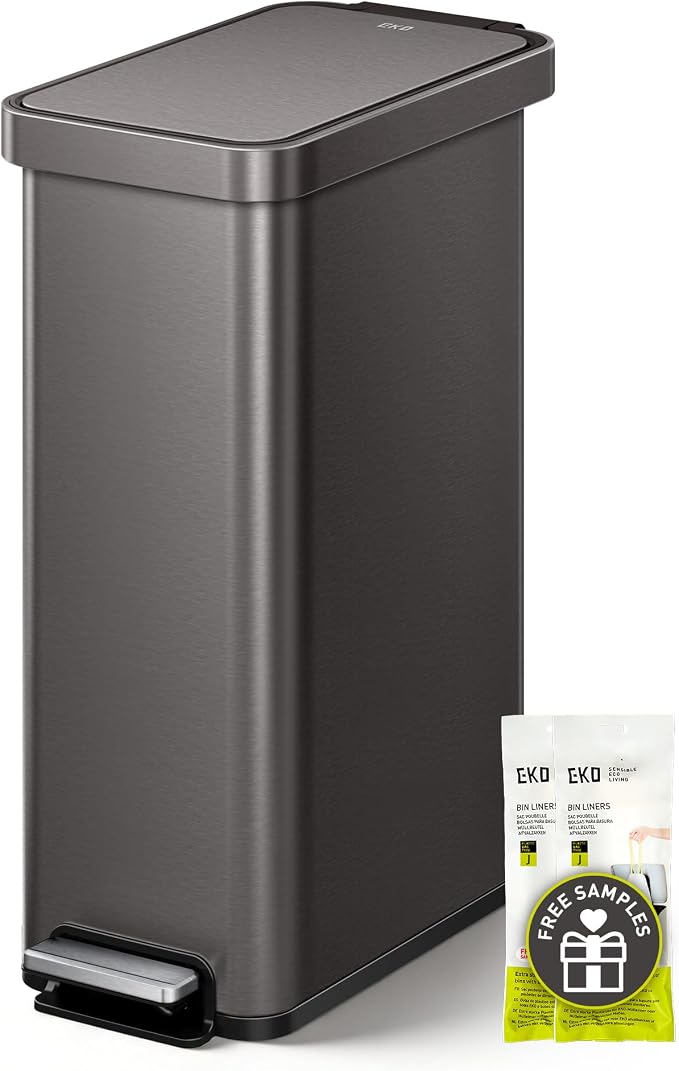 EKO Hudson Slim Trash Can with Lid, 13 Gal Stainless Steel, Gunmetal Gray | Kitchen, step pedal, soft close lid, stay-open frame, secure liner ring, rear handle