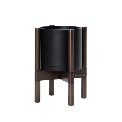 D'vine Dev Planter Pot with Stand - 8 Inch Plastic Cylinder Flower Pot with Wood Planter Holder for Indoor, Matte Black Pot + Walnut Color Stand, 55-C-I-2