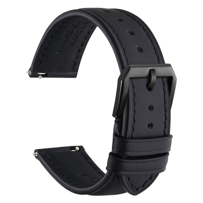 WOCCI 18mm Watch Band, Genuine Leather, Quick Release Replacement Strap, Black Buckle (Black)