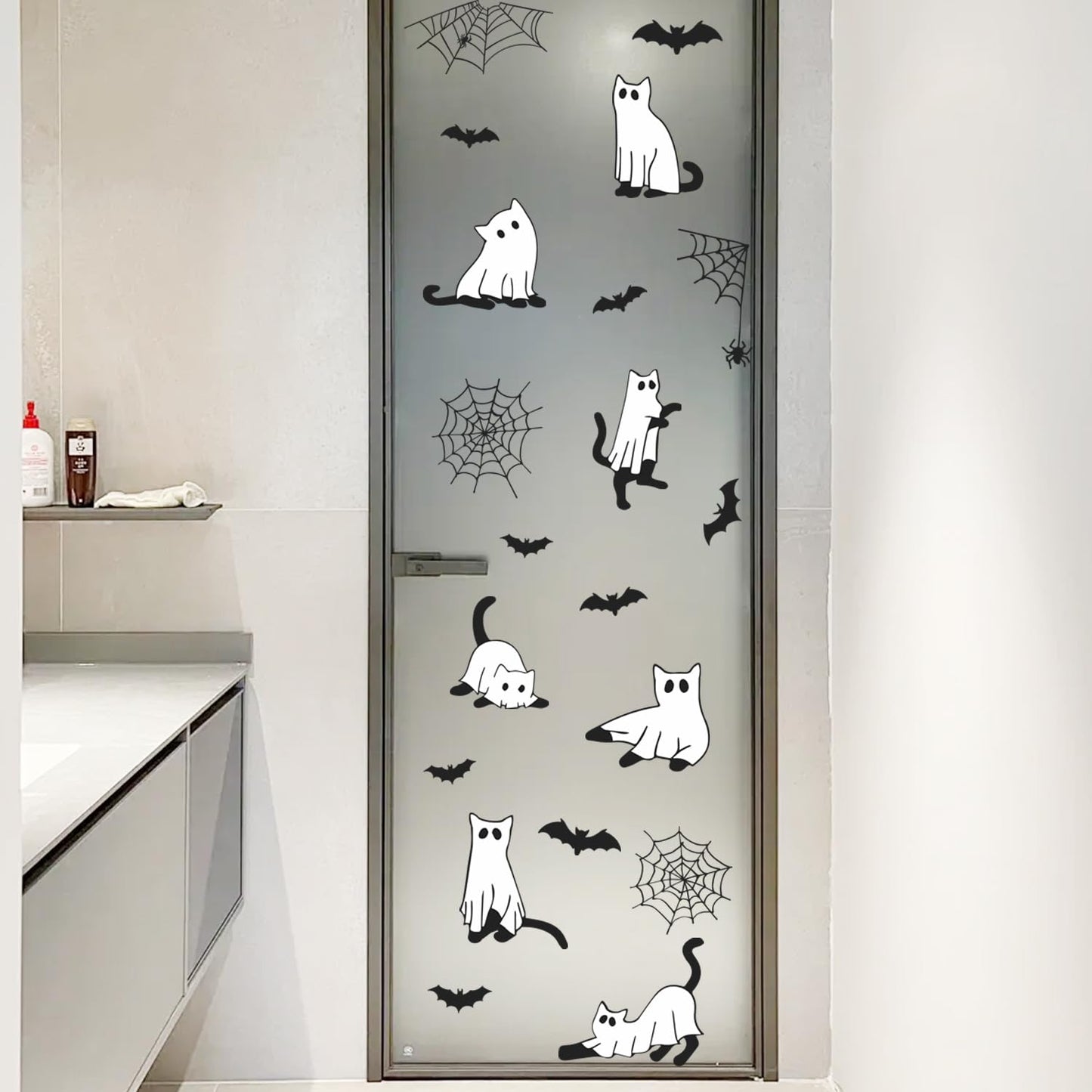 IARTTOP Happy Halloween Window Clings Sticker (100x30cm) Ghost Boo Wall Decals Spider Web Bat Window Stickers Halloween Black Cats Double Sided Decals for Glass Party Home Decoration
