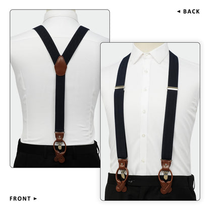 LEHOMU Men Suspenders Adjustable,1.4 Inch Wide Heavy Duty Y-Back Elastic Tuxedo Elastic Mens Suspenders with Leather Buttons and 3 Metal Clips,Dark Blue