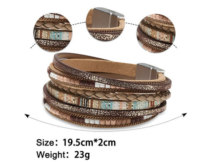 Fesciory Leather Wrap Bracelets for Women, Boho Leopard Multi-Layer Crystal Beads Cuff Bracelet Jewelry (Boho Braid(Brown))