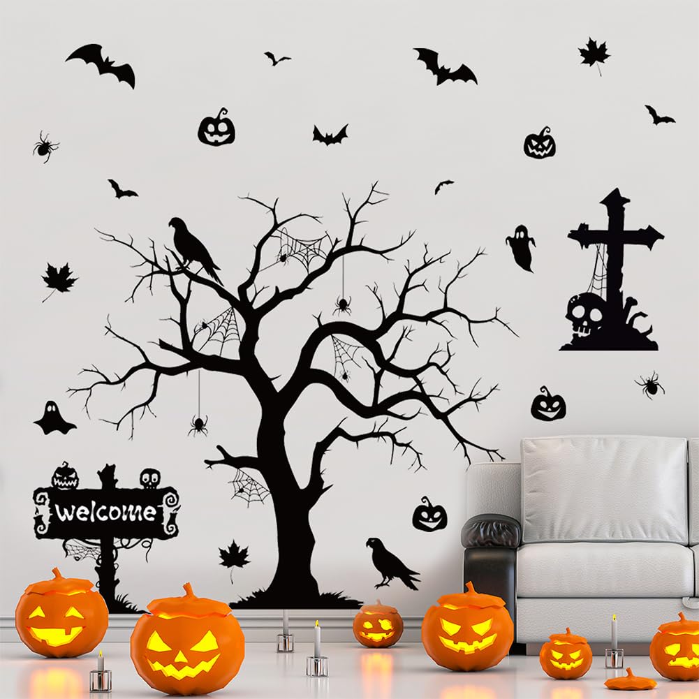 Halloween Spooky Wall Decals Black Tree Branch Wall Sticker Gothic Crow Bats Spider Horror Pumpkin Wall Decor Black Skull Halloween Festival Decoration for Holiday Home Party Classroom Office