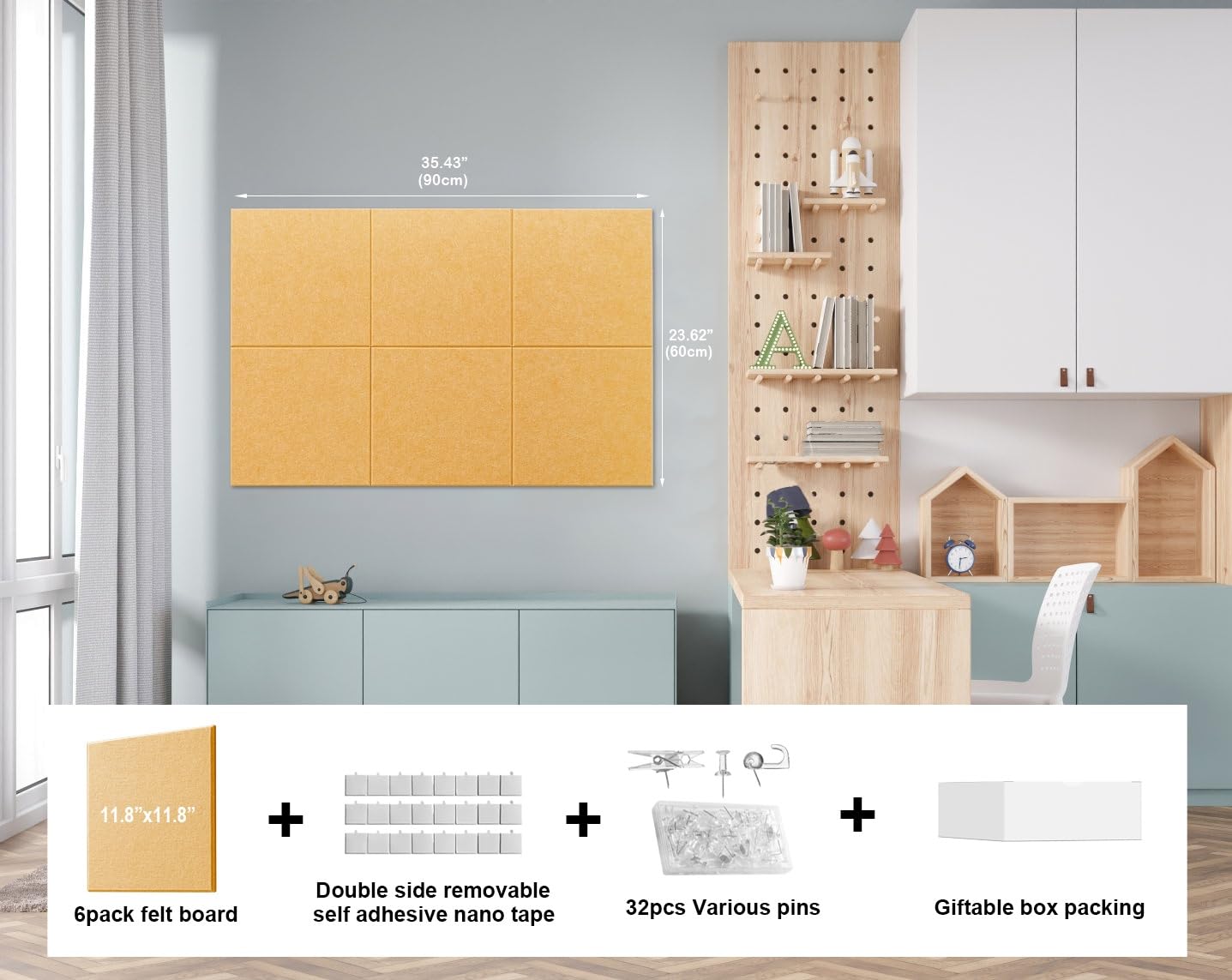 G Gamit Felt Wall Tiles Bulletin Board Large Cork Board Alternative 6 Pack 11.81”x11.81”x0.47” Felt Pin Board Tack Board with Safe Removable Adhesive Tabs for Home Office School 36x24 (Bright Tan)