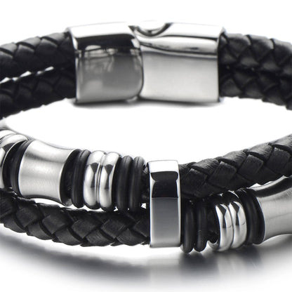 COOLSTEELANDBEYOND Men's Black Double Braided Leather Bracelet With Stainless Steel Barrel Beads, Layered Wristband With Clasp, Modern Minimalist Wrist Jewelry