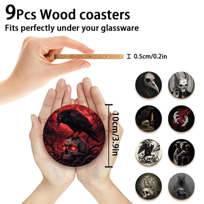 SUPERDANT 9 pcs Gothic Wood Coasters Set Skull Raven Black Cat Design Easy Clean Halloween Housewarming Gift for Bar Kitchen 10x10cm