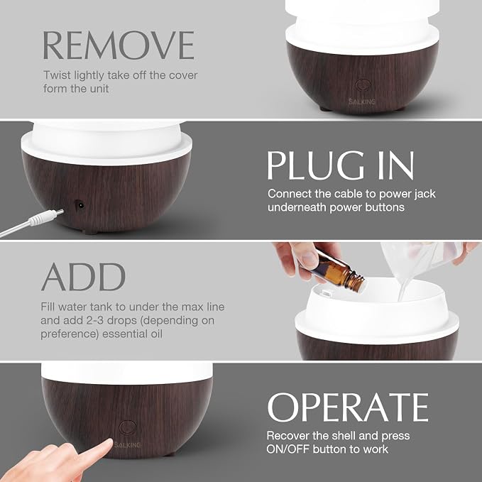 SALKING Essential Oil Diffuser, 100ml Small Aromatherapy Diffuser for Essential Oils, Auto Shut-Off Ultrasonic Diffusers, Cool Mist Humidifier with Warm White Lights, for Office Home (Dark)