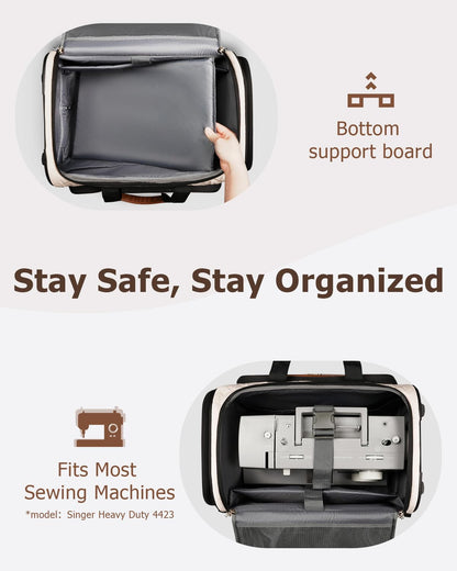 Arcoyard Sewing Machine Case with Wheels, Rolling Sewing Machine Carrying Case with Removable Bottom Pad & 2 Packing Cubes Storage, No Installation Required, Compatible with Singer, Brother, Brown