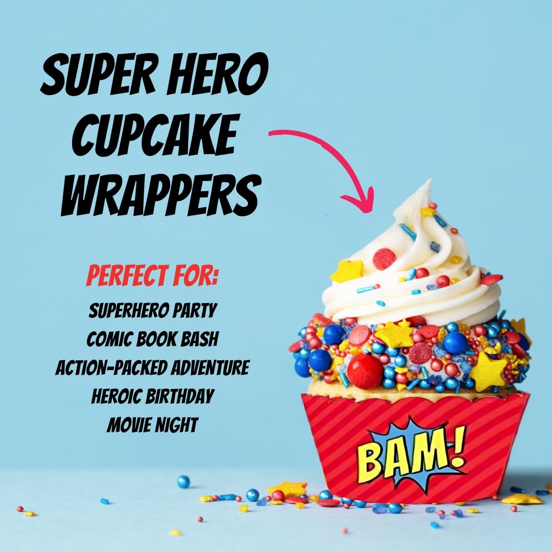 Andaz Press Birthday Cupcake Wrappers, Superhero Pow Bam, 20-Pack, Decor Decorations Wraps Cupcake Muffin Paper Holders Superhero Cupcake Wrappers