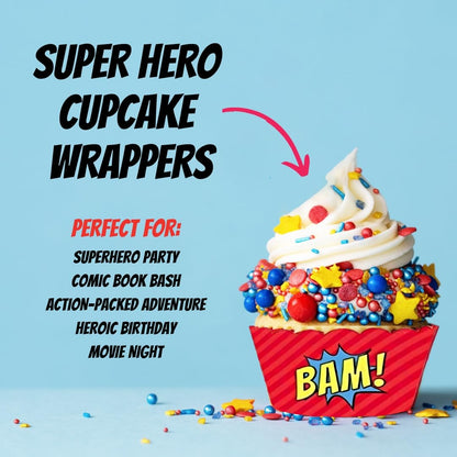 Andaz Press Birthday Cupcake Wrappers, Superhero Pow Bam, 20-Pack, Decor Decorations Wraps Cupcake Muffin Paper Holders Superhero Cupcake Wrappers