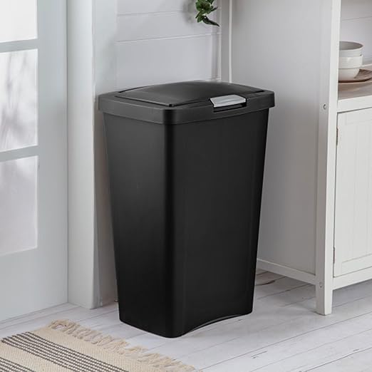 Sterilite 13 Gallon TouchTop Narrow Plastic Wastebasket with Secure Titanium Latch for Kitchen, Bathroom, and Office Use, Black (16 Pack)