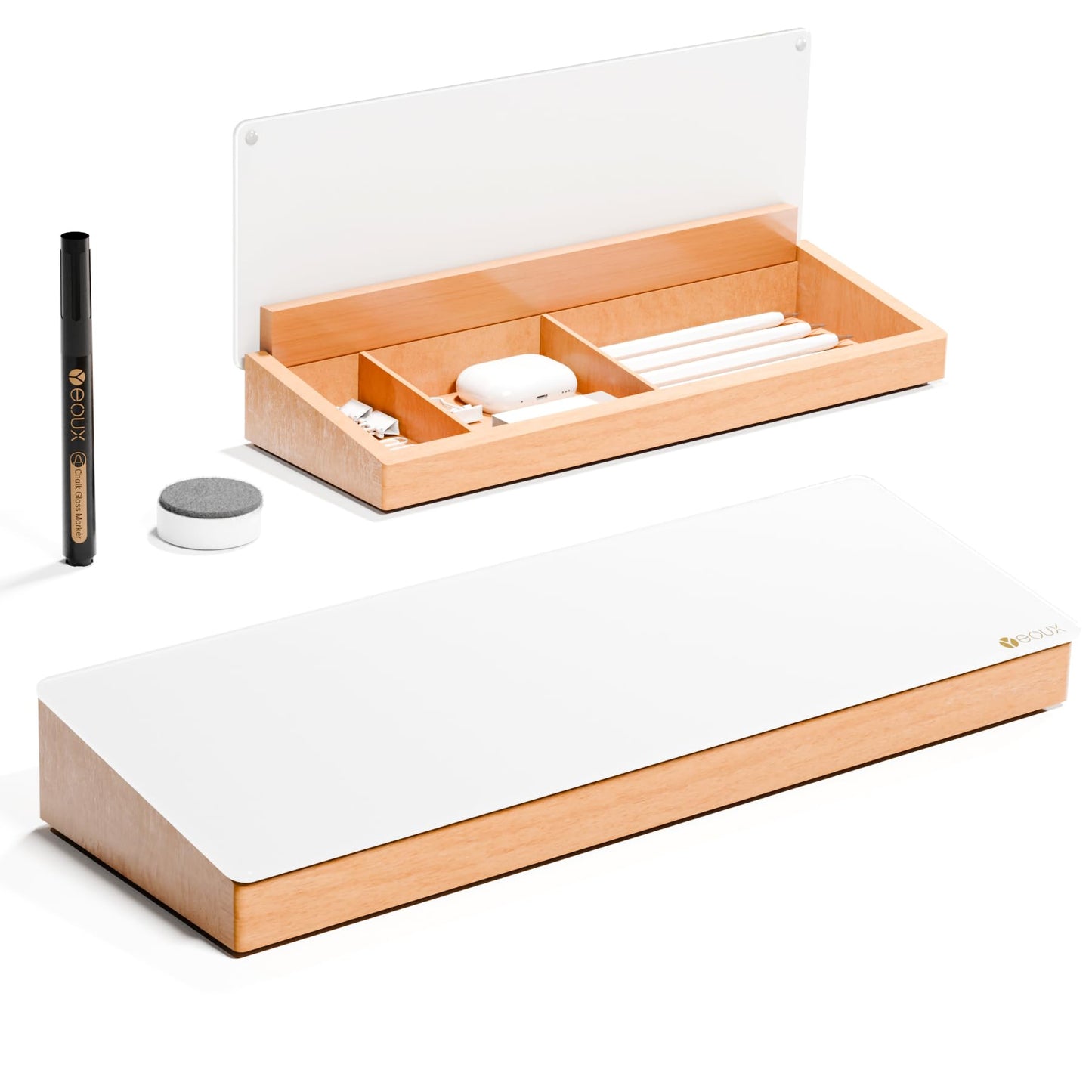 Glass Desktop Whiteboard with Wood Organizer for Small Office Accessories, Aesthetic Desk Dry Erase White Board with Drawer for Home Office Cubicle, Marker & Eraser Included, Yeoux