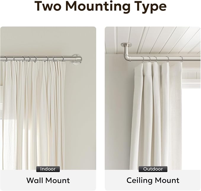 Zeerobee Curtain Rods for Windows 66 to 120, 1 Inch Industrial Wrap Around Brushed Nickel Curtain Rod, Indoor/Outdoor Room Divider Adjustable Drapery Pole, 66"-120"