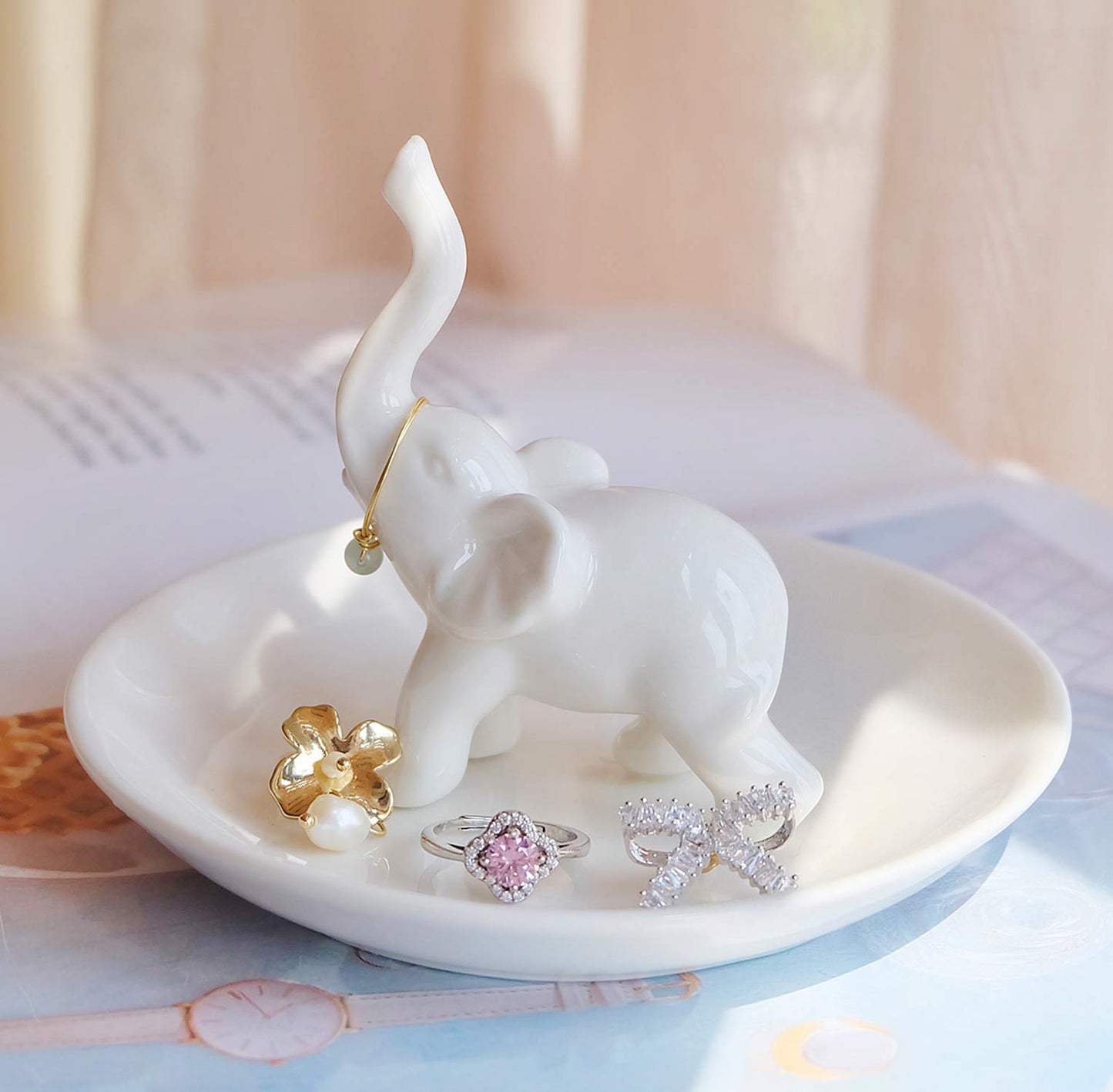 PUDDING CABIN White Elephant Ring Holder Dish Ring Tray for Jewelry | Elephant Gifts for Women Christmas, Birthday, Mother's Day