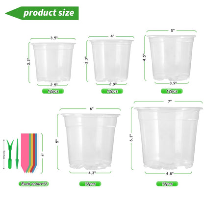 60 Pack Clear Nursery Pots with Drainage Holes, 3.5/4/5/6/7 Inch Clear Plastic Pots for Plants, Reinforced Transparent Nursery Pot with 60 Colorful Plant Labels 2 Garden Tools