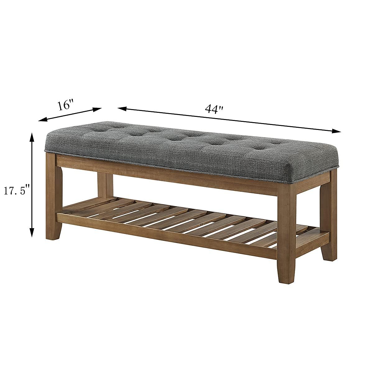 24KF Large Rectangular Upholstered Tufted Linen Fabric Ottoman Bench, Padded Bench with Solid Wood Shelf-Granite