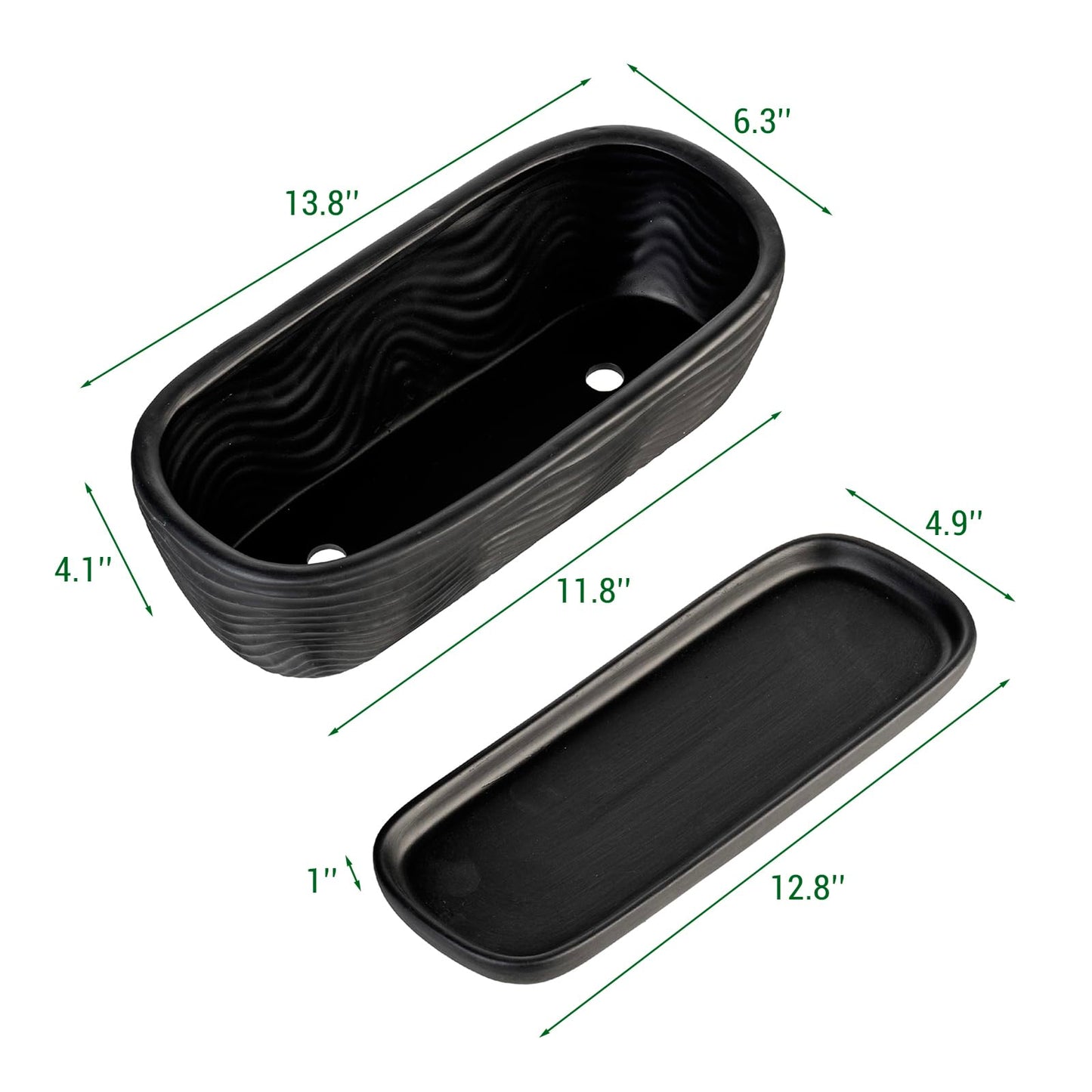 MyGift 13.5 inch Succulent Planter Pot, Oval Modern Ceramic Plant Box Container with Wave Textured Pattern and Removable Saucer Drip Tray (Black)