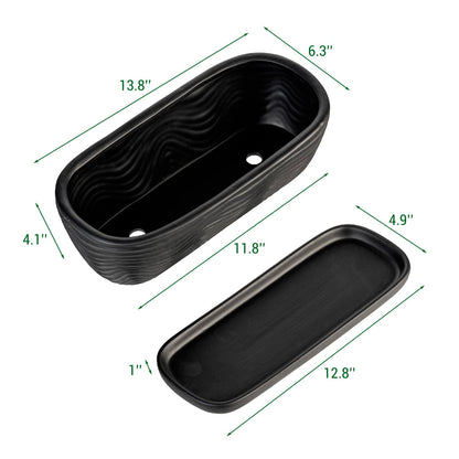MyGift 13.5 inch Succulent Planter Pot, Oval Modern Ceramic Plant Box Container with Wave Textured Pattern and Removable Saucer Drip Tray (Black)