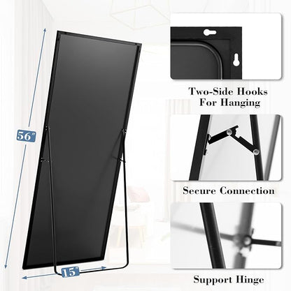 NEWBULIG Mirror Full Length, 56"x15" Body Wall Mirrors with Shatter-Proof Glass, Upgraded Floor Standing Mirror, Hanging or Leaning, with Stand Aluminum Alloy Frame for Home Decor, Bedroom, Black