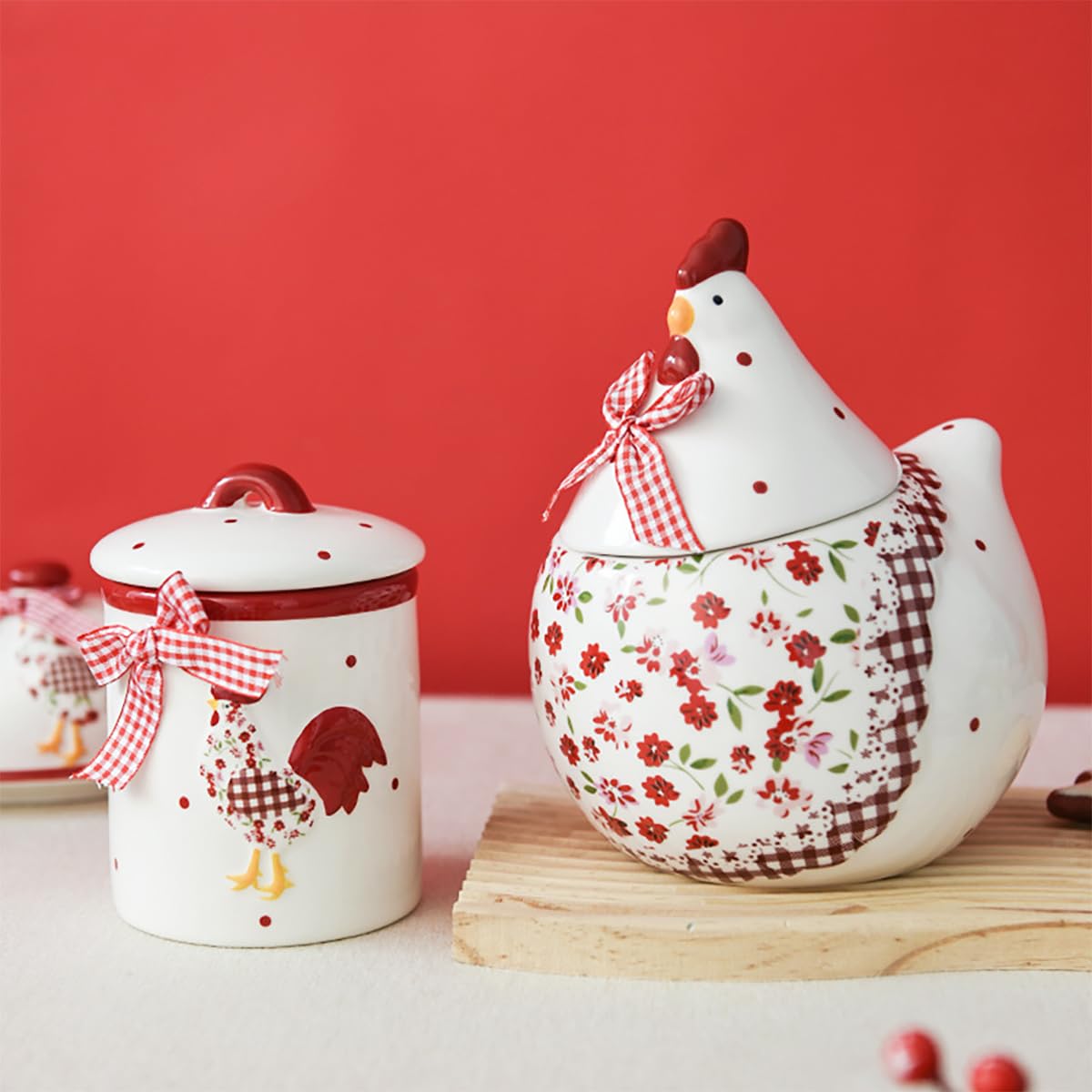 Bicuzat Rural Chicken and Flower Pattern Ceramic Easter Sugar Canister Rooster Hen Cookie Jar Ceramic Storage Jar Food Storage Can with Airtight Lid-Red-35 OZ