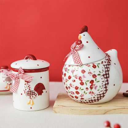 Bicuzat Rural Chicken and Flower Pattern Ceramic Easter Sugar Canister Rooster Hen Cookie Jar Ceramic Storage Jar Food Storage Can with Airtight Lid-Red-35 OZ