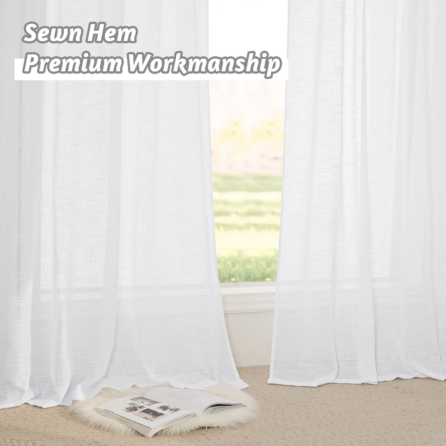 RYB HOME White Curtains Linen Textured Sheer Light Filtering Semi Sheer Curtains 84 inches Long Half Privacy Window Drapes for Living Room Bedroom Dining, Length 84 by Width 52 inch, 2 Panels Set