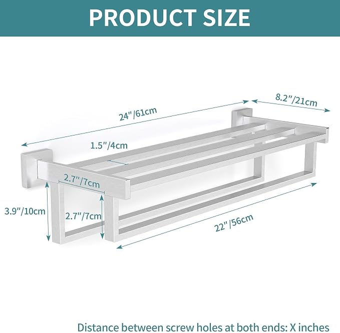 Towel Racks for Bathroom Wall Mounted, 24 Inch Double Towel Bar, Dual Towel Rack with Shelf, Stainless Steel Hand Towel Hanger, Bath Towel Holder for Wall, Brushed Nickel