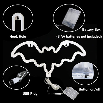 Vicila Bat Neon Signs Halloween Night Lights, LED Neon Lights Spooky Gifts Bat Shape Goth Lamp for Wall, Festival, Party Teens Bedroom, Christmas Decor-Bat(White)