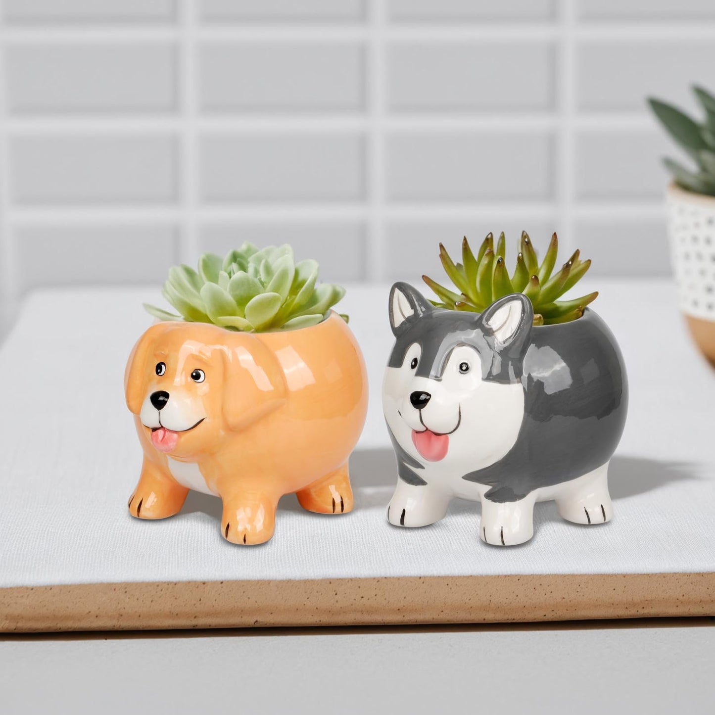 EFISPSS 4PCS Animal Succulent Plant Pots, Mini Doggy Shape Succulent Planter Pots with Drainage Hole, Ceramic Flower Pots for Home Decor and Office Desk Decoration