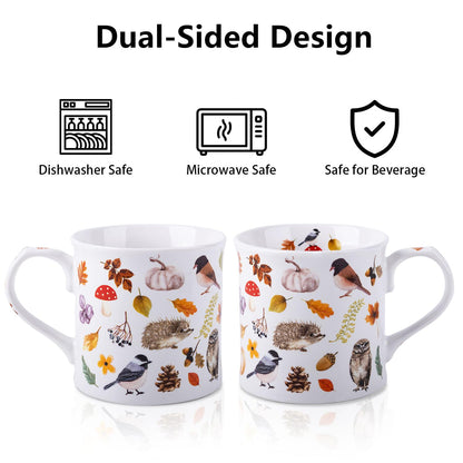 Autumn Animals Coffee Mug, 12 oz New Bone China Mug with Bird, Hedgehog, Owl & Pumpkin Design, Halloween & Fall Seasonal Ceramic Tea Mug, Nature Lover Gift, Designed in England by Harvest Green Studio