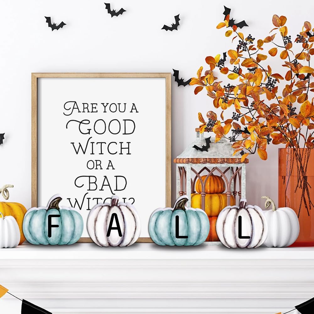 YUJUN 4 Pieces Fall Pumpkin Wooden Signs Decoration,Blue Autumn Tiered Tray Pumpkin Tabletop Decor for Thanksgiving Fall Home Kitchen Harvest Party Decor Supplies