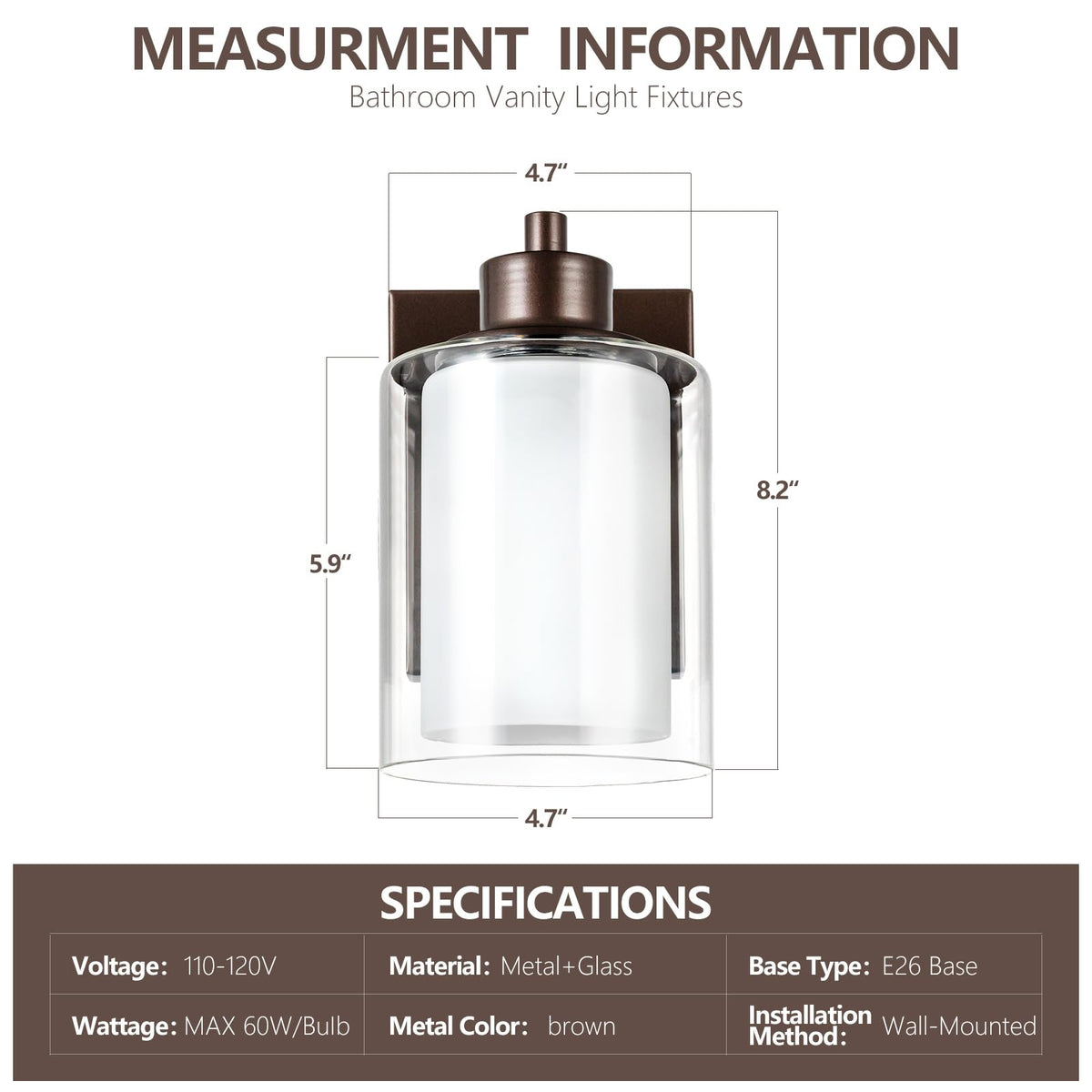 Eidonta Bath Vanity Light Fixtures, Modern 2 Pack Wall Scone, Oil Rubbed Bronze, Dual Glass Shade, Model Eidonta-2PACK-BVLF