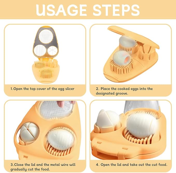 3-in-1 Egg Slicer for Hard Boiled Eggs, Stainless Steel Wire Egg Cutter with ABS Frame, Multi-Functional Kitchen Gadget for Slicing Strawberries, Bananas, Mushrooms & Cheese(Yellow)